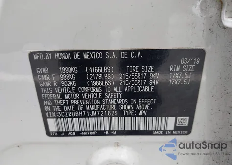 2018 Honda Hr-V Ex-L из США, поврежденный, VIN 3CZRU6H71JM721629